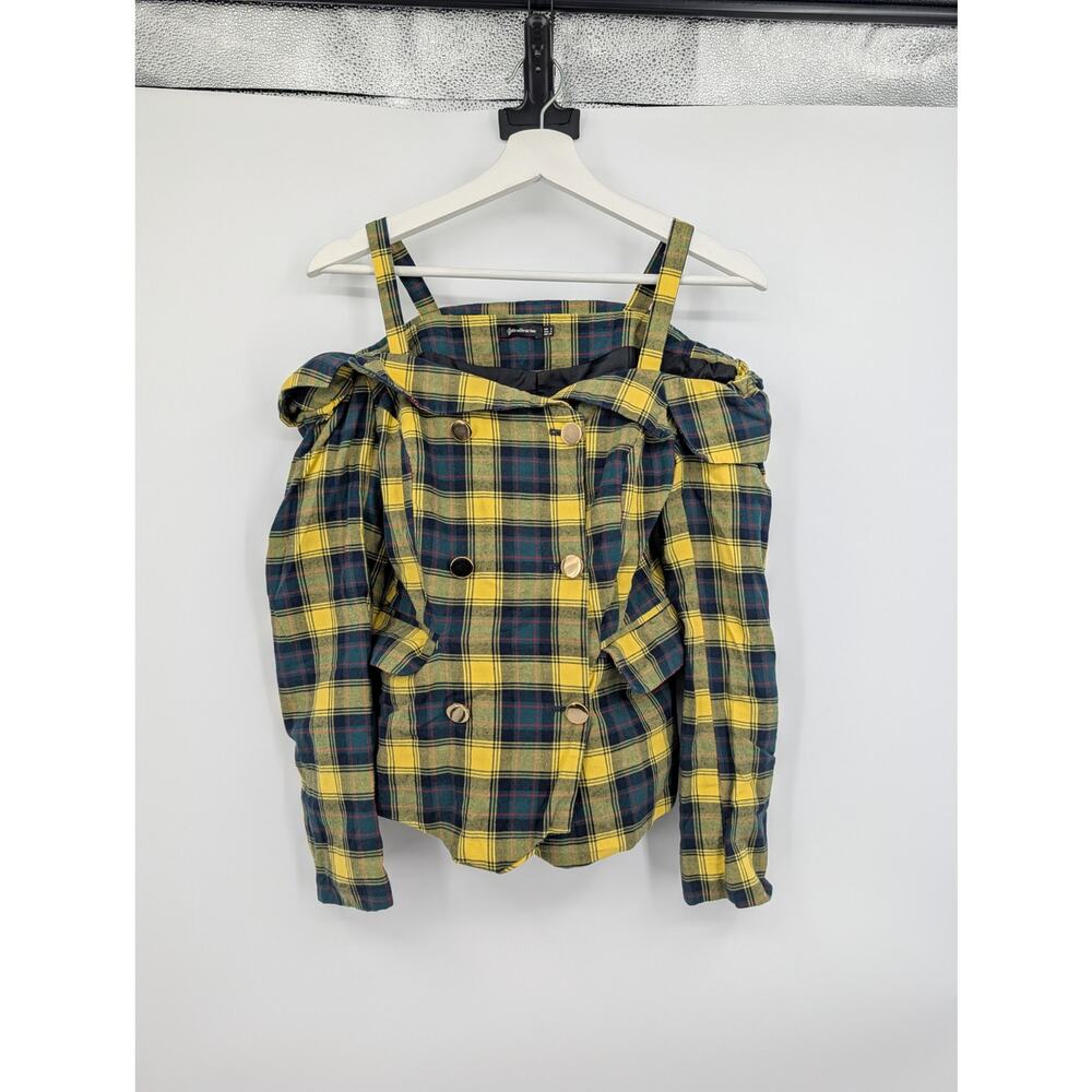 Stradivarius Yellow Green Plaid Off Shoulder Jacket Small Preppy Double Breasted